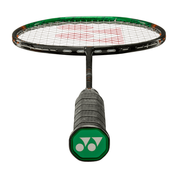 Badminton racket with green handle and frame on a white background