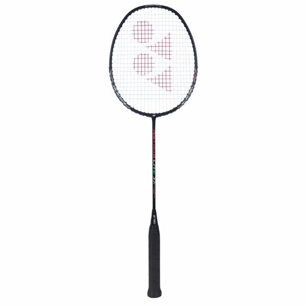 Black badminton racket with a brand logo on a white background