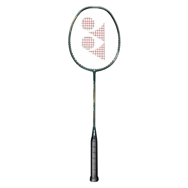 Badminton racket with a brand logo on a white background