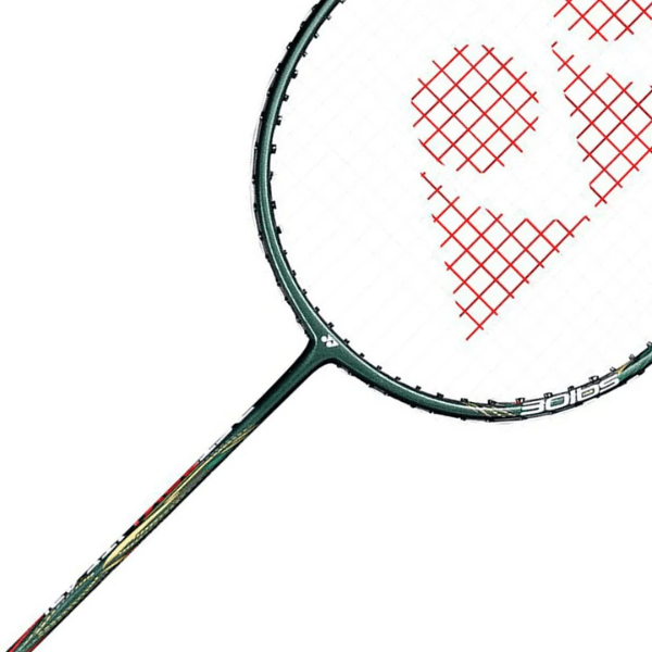 Close-up of a badminton racket with a brand logo on a white background