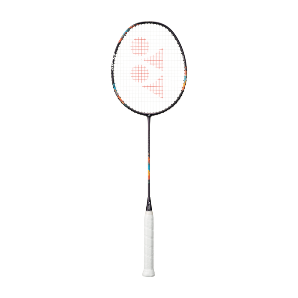 Badminton racket with a colorful frame on a white background