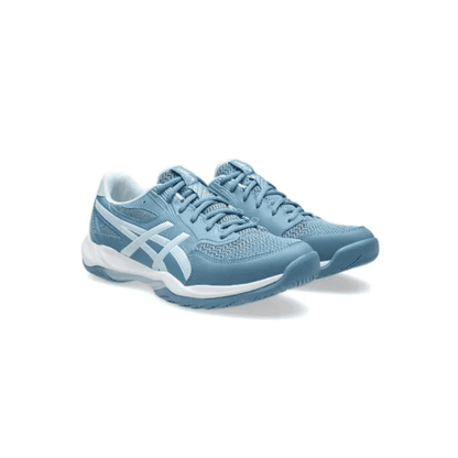 ASICS GEL-ROCKET 12 indoor court shoes in Saba Blue and Cool Grey, featuring a breathable mesh upper, supportive overlays, and a cushioned sole for stability and comfort during indoor sports.
