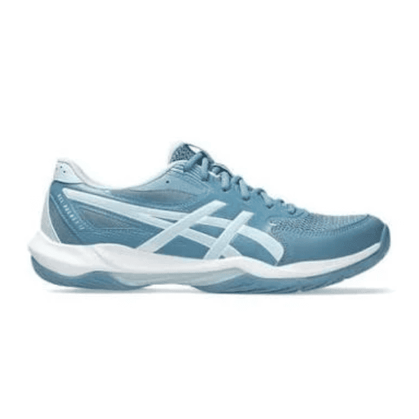 ASICS GEL-ROCKET 12 indoor court shoes in Saba Blue and Cool Grey, featuring a breathable mesh upper, supportive overlays, and a cushioned sole for stability and comfort during indoor sports.