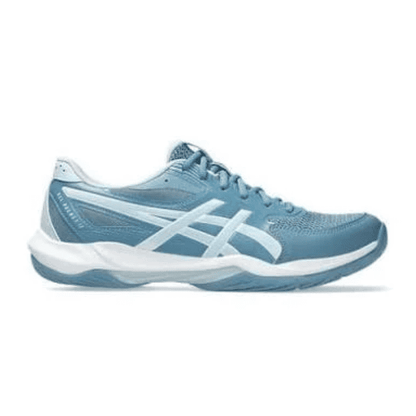 ASICS GEL-ROCKET 12 indoor court shoes in Saba Blue and Cool Grey, featuring a breathable mesh upper, supportive overlays, and a cushioned sole for stability and comfort during indoor sports.