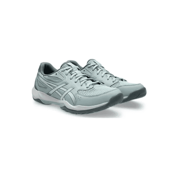 ASICS GEL-ROCKET 12 indoor court shoes in Ocean Haze/Concrete, featuring a blue-grey mesh upper with contrasting overlays and a durable rubber outsole