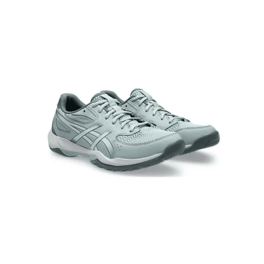 ASICS GEL-ROCKET 12 indoor court shoes in Ocean Haze/Concrete, featuring a blue-grey mesh upper with contrasting overlays and a durable rubber outsole