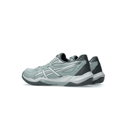 ASICS GEL-ROCKET 12 indoor court shoes in Ocean Haze/Concrete, featuring a blue-grey mesh upper with contrasting overlays and a durable rubber outsole
