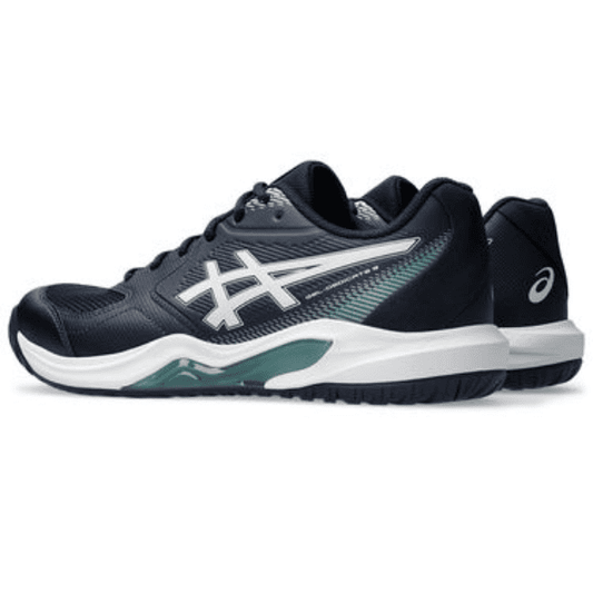 ASICS Gel-Dedicate 9 men’s tennis shoe in navy, white, and teal, on a white background.