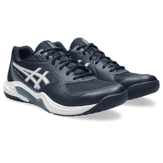 ASICS Gel-Dedicate 9 men’s tennis shoe in navy, white, and teal on a white background.