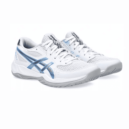 ASICS Gel-Rocket 12 indoor sports shoes in white and bluebell, featuring breathable mesh uppers, supportive overlays, lace-up closure, and durable rubber outsoles.