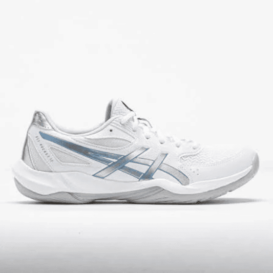 ASICS Gel-Rocket 12 indoor sports shoes in white and bluebell, featuring breathable mesh uppers, supportive overlays, lace-up closure, and durable rubber outsoles.