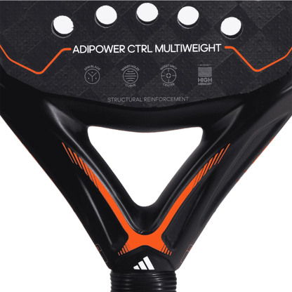 Adidas Adipower CTRL Multiweight padel racket in black and orange with Alex Ruiz signature and textured racket face.