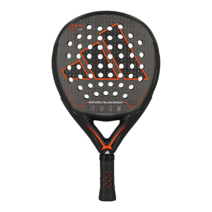 Adidas Adipower CTRL Multiweight padel racket in black and orange with Alex Ruiz signature and textured racket face.