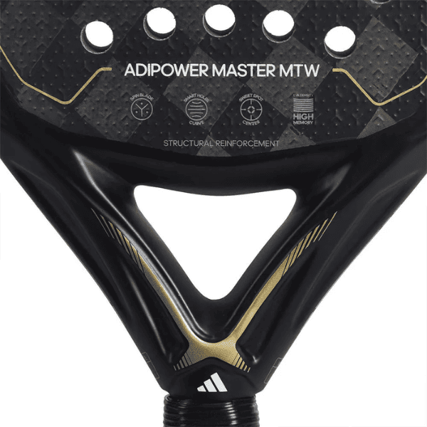 Adidas Adipower Master MTW padel racket in black and gold with Alex Ruiz signature, diamond-shaped head, textured surface, and 360g weight.
