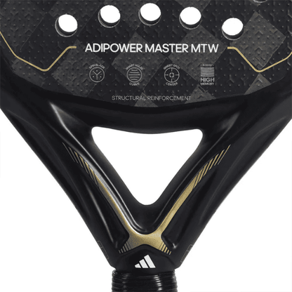 Adidas Adipower Master MTW padel racket in black and gold with Alex Ruiz signature, diamond-shaped head, textured surface, and 360g weight.