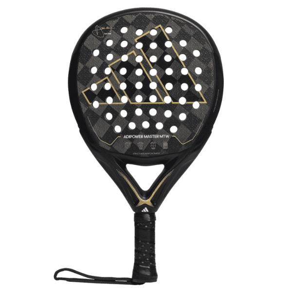 Adidas Adipower Master MTW padel racket in black and gold with Alex Ruiz signature, diamond-shaped head, textured surface, and 360g weight.