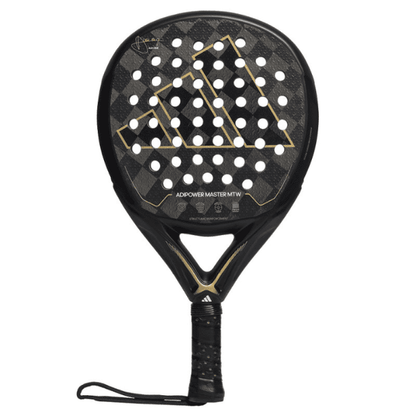 Adidas Adipower Master MTW padel racket in black and gold with Alex Ruiz signature, diamond-shaped head, textured surface, and 360g weight.