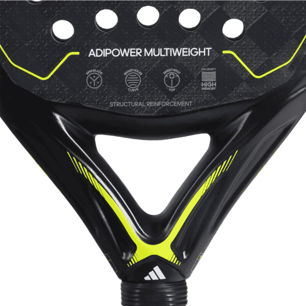 Adidas Adipower Multiweight padel racket in black and yellow with a textured surface and 365g weight.