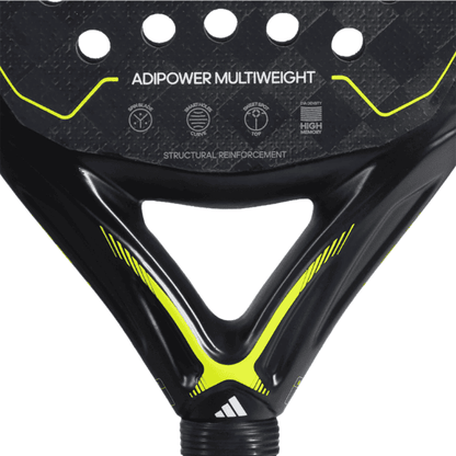 Adidas Adipower Multiweight padel racket in black and yellow with a textured surface and 365g weight.