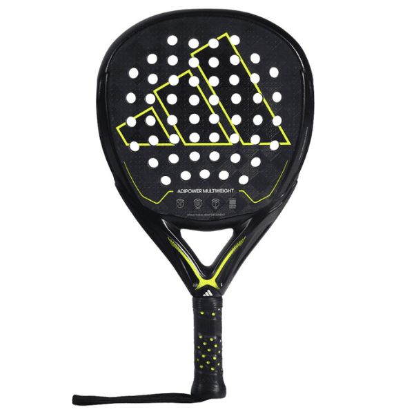 Adidas Adipower Multiweight padel racket in black and yellow with a textured surface and 365g weight.