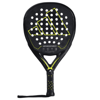 Adidas Adipower Multiweight padel racket in black and yellow with a textured surface and 365g weight.
