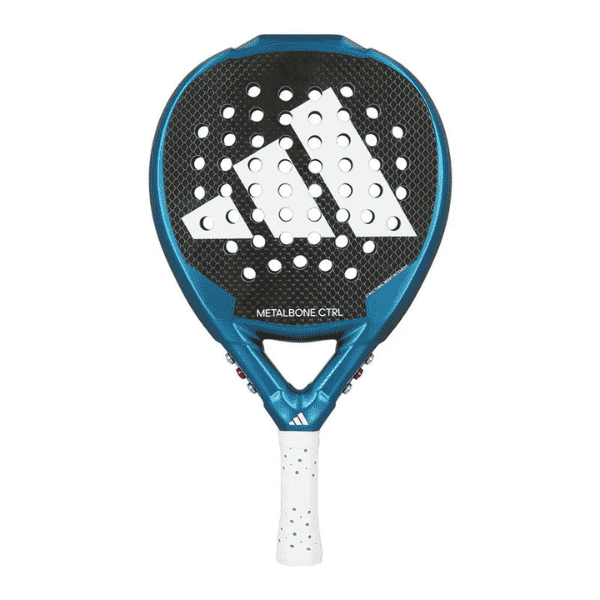 Blue and black Adidas paddle racket on a white background
