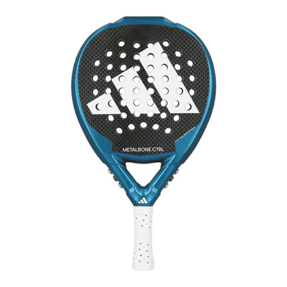 Blue and black Adidas paddle racket on a white background