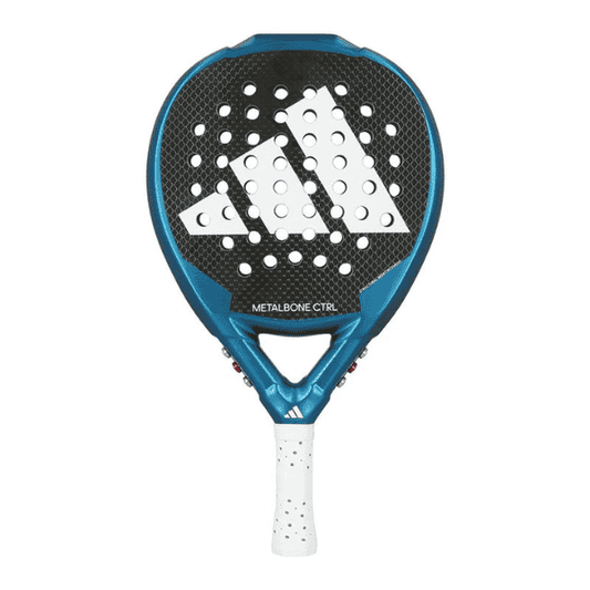 Blue and black Adidas paddle racket on a white background