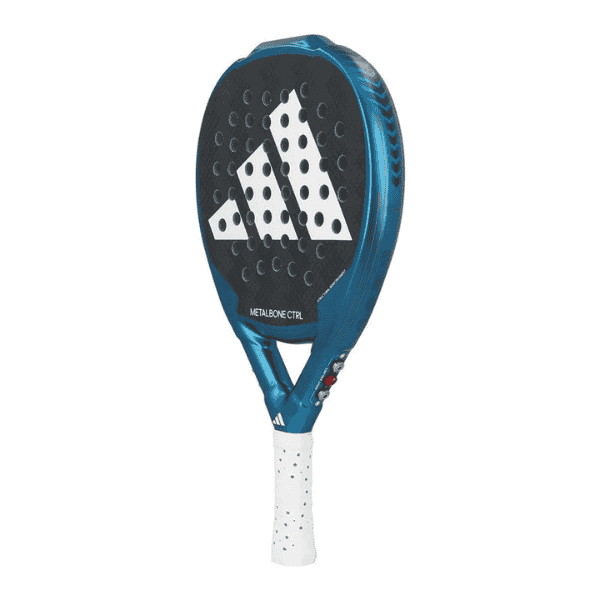 Blue tennis racket with white accents on a white background