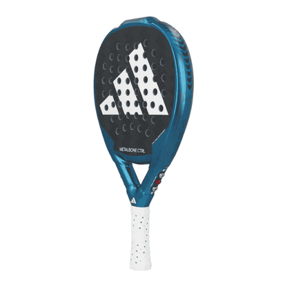 Blue tennis racket with white accents on a white background