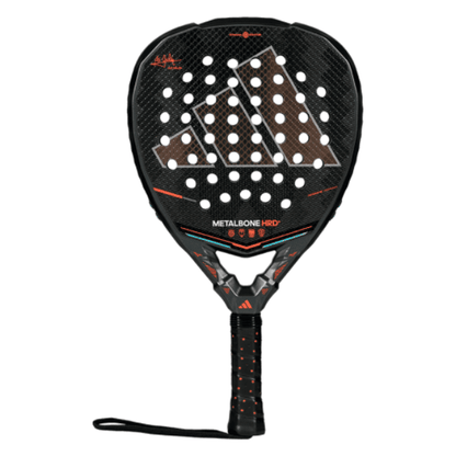 Adidas Metalbone HRD+ 2026 diamond-shaped padel racket in black and red with Carbon Aluminized 16K surface.