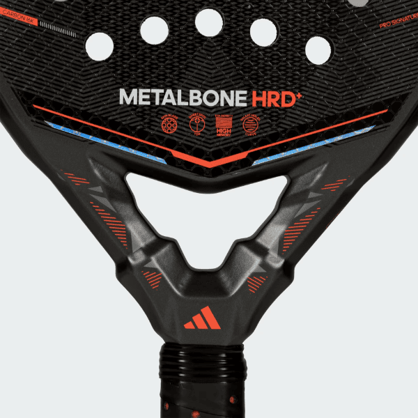 Adidas Metalbone HRD+ 2026 diamond-shaped padel racket in black and red with Carbon Aluminized 16K surface.