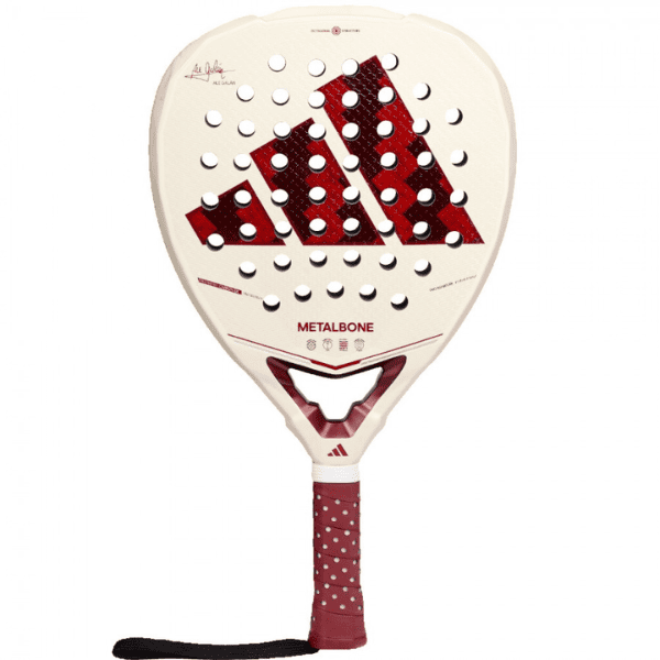 Adidas Metalbone reserve padel racket 2026 in white and burgundy with 16K carbon face, diamond shape, and textured surface for power and spin.