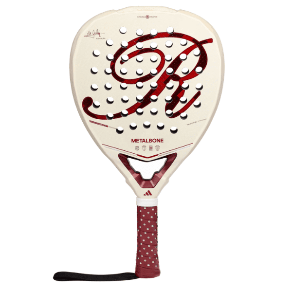 Adidas Metalbone reserve padel racket 2026 in white and burgundy with 16K carbon face, diamond shape, and textured surface for power and spin.