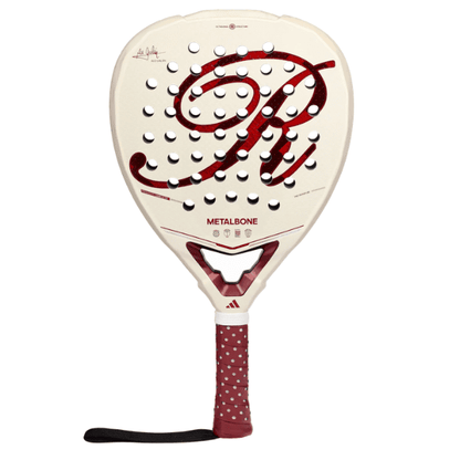 Adidas Metalbone reserve padel racket 2026 in white and burgundy with 16K carbon face, diamond shape, and textured surface for power and spin.