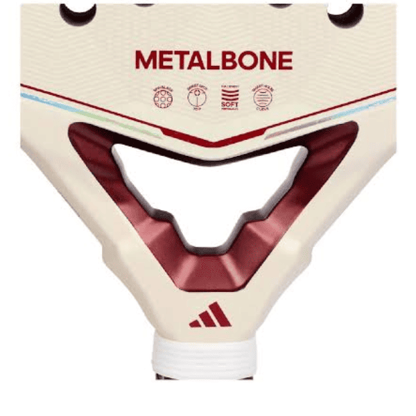 Adidas Metalbone reserve padel racket 2026 in white and burgundy with 16K carbon face, diamond shape, and textured surface for power and spin.