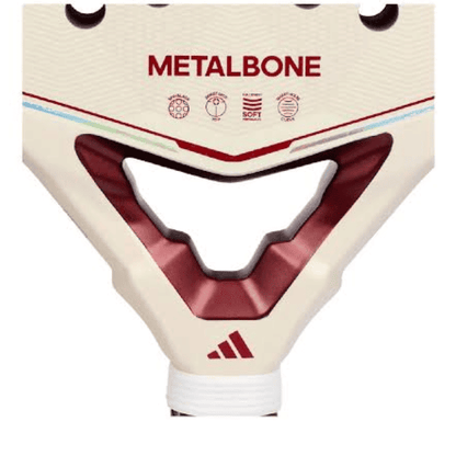 Adidas Metalbone reserve padel racket 2026 in white and burgundy with 16K carbon face, diamond shape, and textured surface for power and spin.