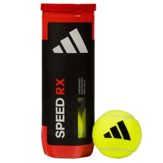 Adidas Speed RX tennis ball canister with a single yellow tennis ball on a white background