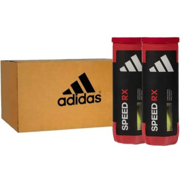 Two Adidas Speed RX tennis ball containers with a cardboard box featuring the Adidas logo on a white background.