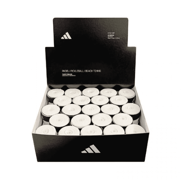 White Adidas overgrip rolls for padel, pickleball, and beach tennis, displayed in a product box.