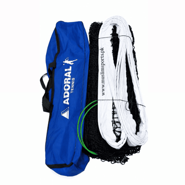 Adoral portable tennis net set with black net, reinforced white top band, green support cables, and a blue zippered carry bag for easy transport and storage.