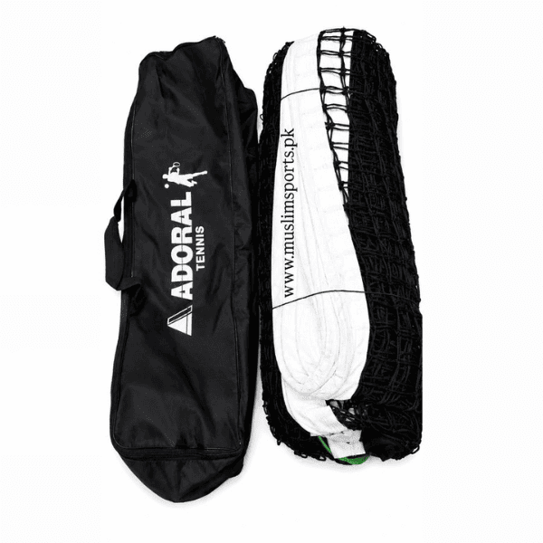 Adoral tennis net with durable black PE mesh, reinforced white headband, and black zippered carry bag for convenient storage and transport.