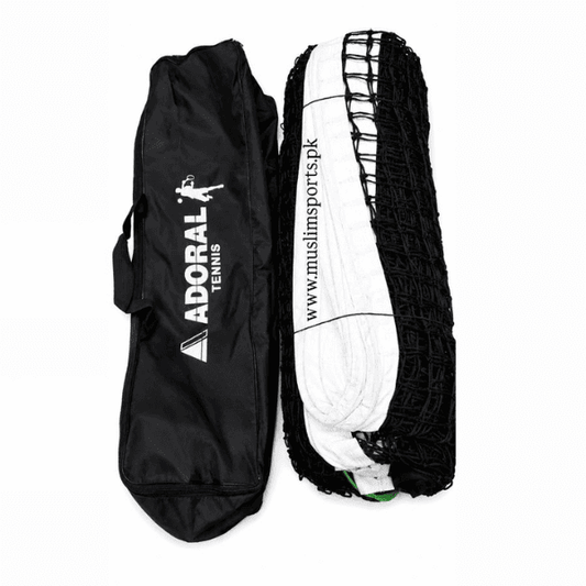 Adoral tennis net with durable black PE mesh, reinforced white headband, and black zippered carry bag for convenient storage and transport.
