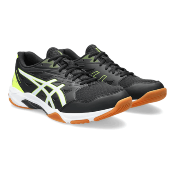 Pair of black and gray athletic shoes with orange soles on a white background