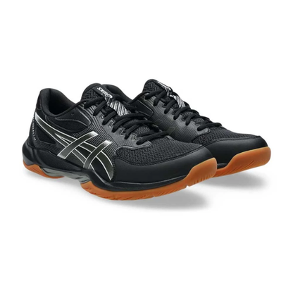 Black athletic shoes with brown soles on a white background