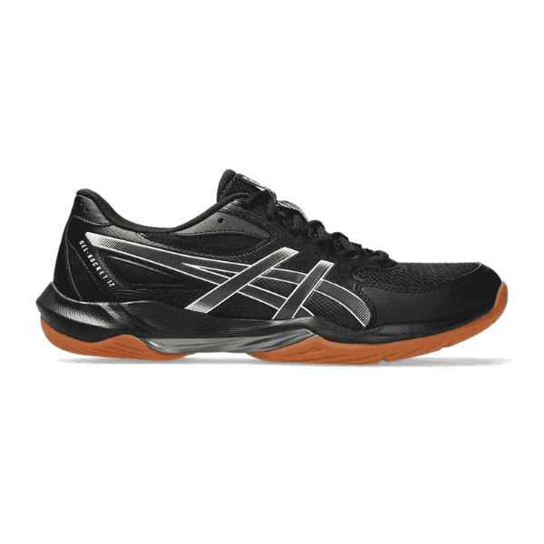 Black athletic shoe with orange sole on a white background
