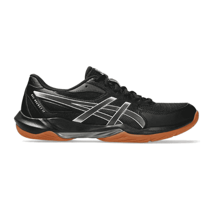 Black athletic shoe with orange sole on a white background