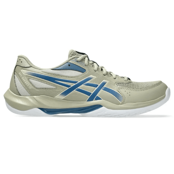 Beige and blue athletic shoe on a white background