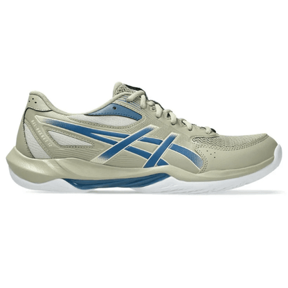 Beige and blue athletic shoe on a white background