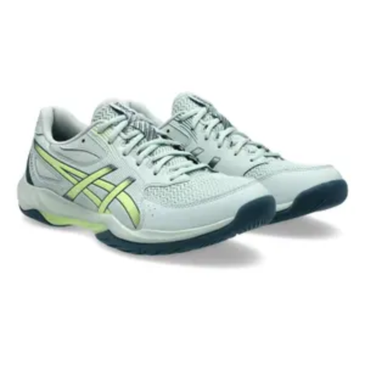 Light gray athletic shoes with green accents on a white background